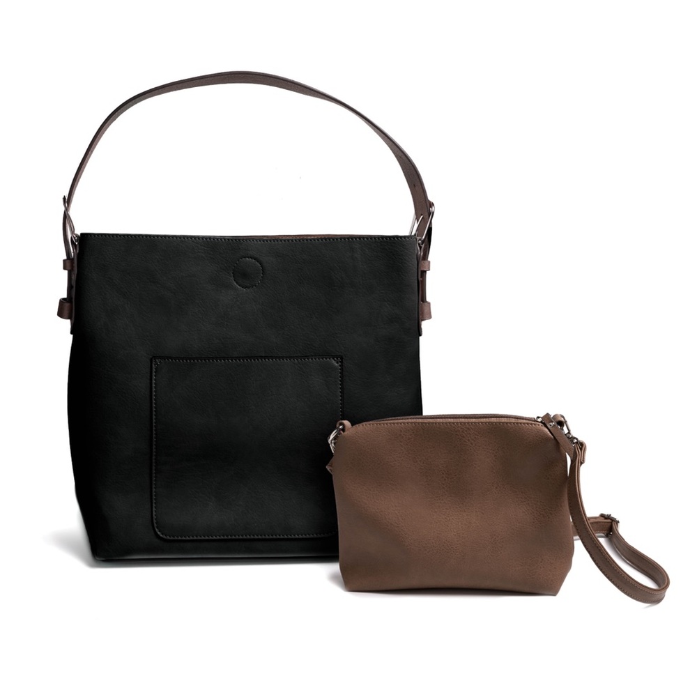 Burano Vegan Leather Tote Shoulder Bag Hobo 2 Piece Set Black New
